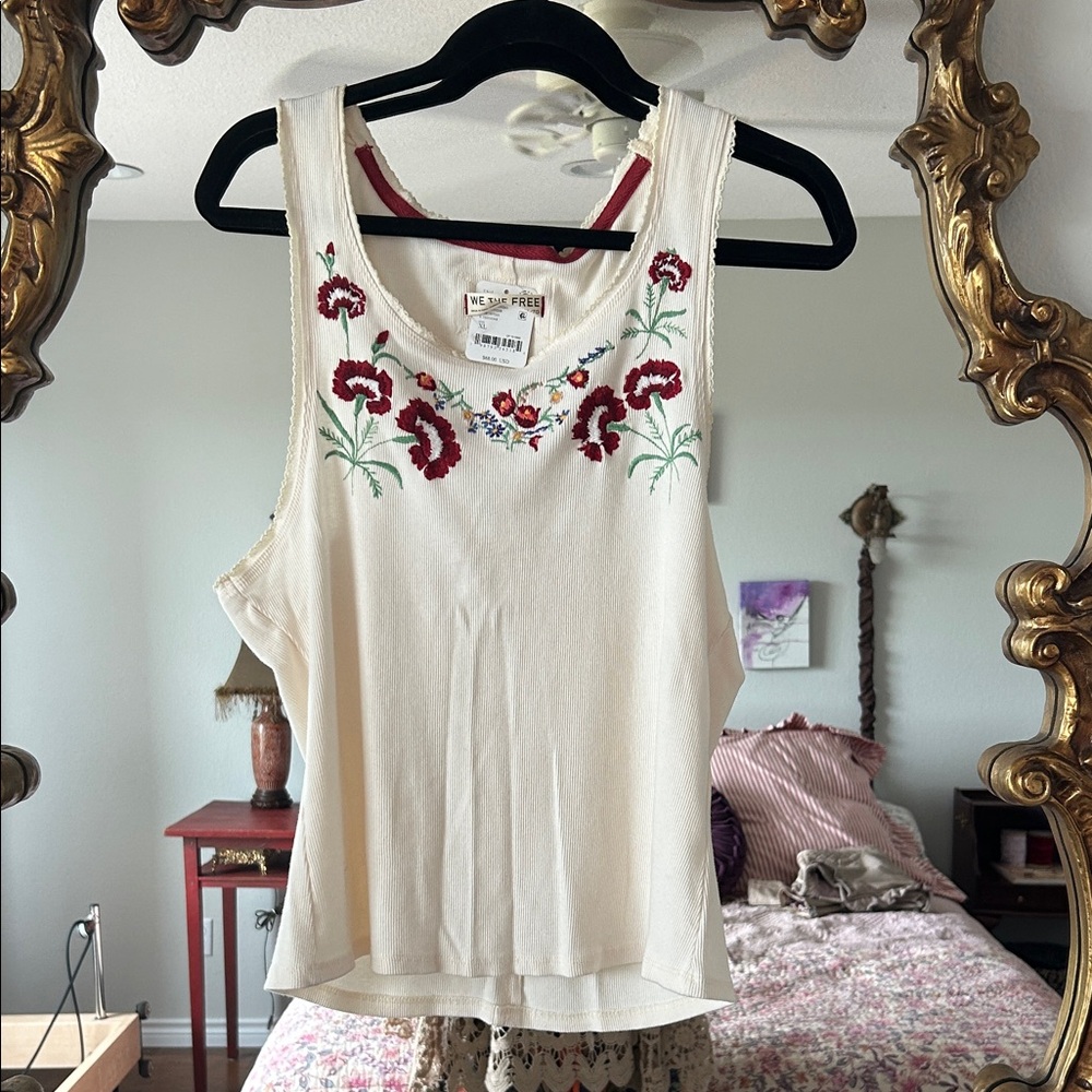 NWT Free People Cream Tank Top with Red Floral Embroidery